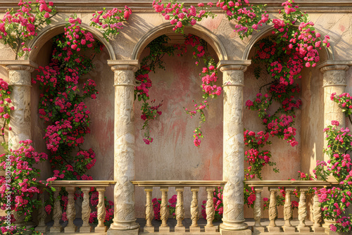 Springtime Serenity: Ancient Grecian Balcony and Floral Arch in Stunning Centered Composition