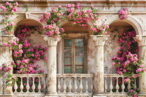 Grecian Splendor: Ancient Pillars, Balcony, and Floral Arch in Beautiful Straight-On View photo