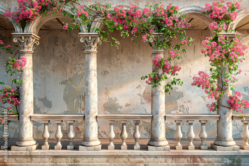 Grecian Splendor: Ancient Pillars and Spring Floral Arch on a Beautiful Balcony