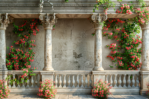 Ancient Beauty: Grecian Wall, Pillars, and Spring Floral Arch in a Stunning Straight-On View