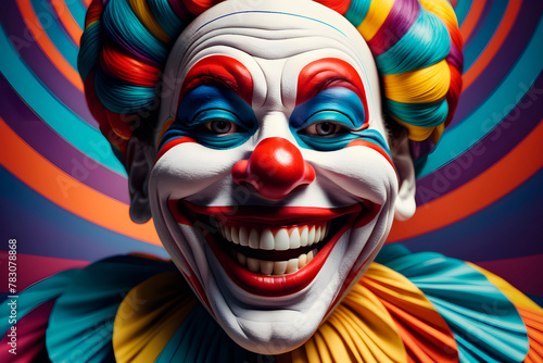 An art painting with a huge Jokers face surrounded by colorful lines, yarn textures, and artwork hanging paintings, wallpaper Illustration