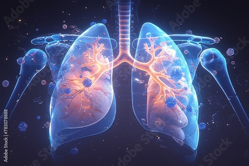 human lungs with a medical background, using a blue and orange color theme.  #783078888