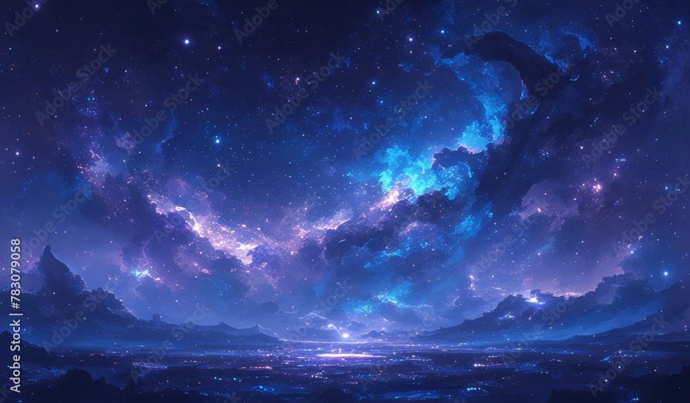 A beautiful background of purple and blue nebula stars, space, and galaxy concept design in the style of fantasy and celestial cosmic background.