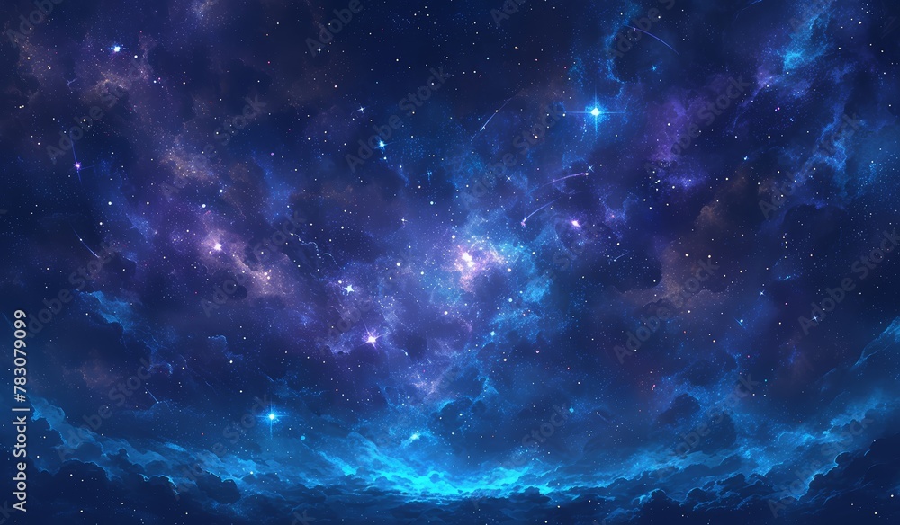 A beautiful background of purple and blue nebula stars, space, and galaxy concept design in the style of fantasy and celestial cosmic background.  - obrazy, fototapety, plakaty 