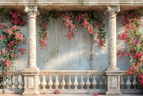 Springtime Serenity: Ancient Grecian Balcony and Floral Arch in Straight-On View photo