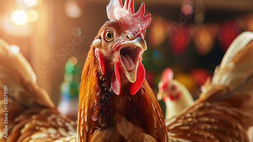 A chicken is shown with its head held high and its beak open, making a loud noise. Concept of excitement and energy, as if the chicken is expressing its enthusiasm or joy. a chicken winning photo