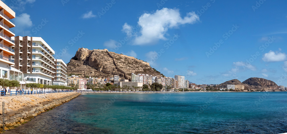 Fototapeta premium Postiguet Beach, Santa Barbara Castle ruins and the city of Alicante, Valencia region, Spain