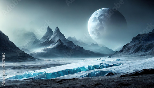 Moonlit icy landscape with jagged mountains and a misty atmosphere, creating a mystical scene. Generative Ai