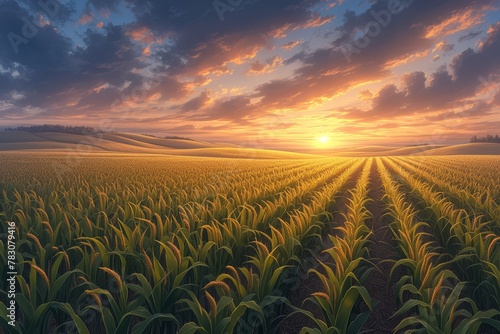 A beautiful sunrise over the cornfield  with tall green leaves of corn growing in rows across the expansive field. 