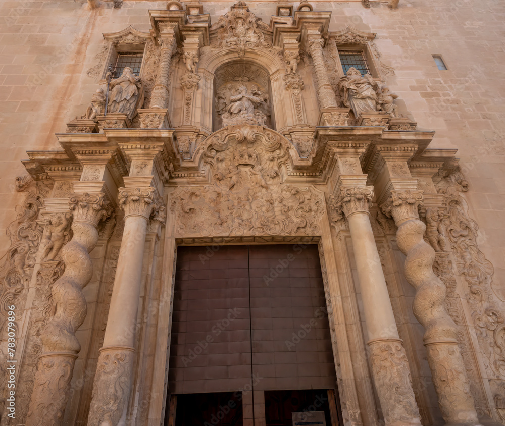 The baroque facade of the  Basilica of Santa Maria, the oldest church in Alicante, Spain.