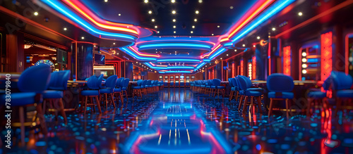 Dazzling Blue Neon Lights Illuminate the Luxurious Casino Interior Offering a Captivating Atmosphere for Guests to Indulge in Excitement and