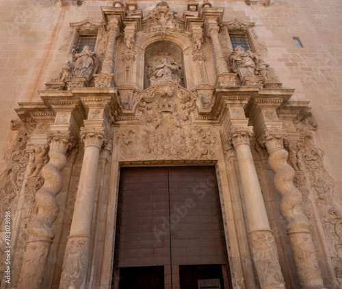 The baroque facade of the Basilica of Santa Maria, the oldest church in Alicante, Spain.