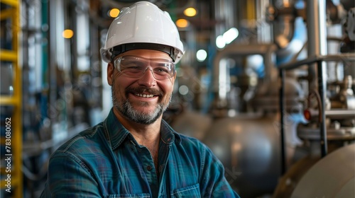 Worker in factory and warehouse wearing safety helmets, smiling confidently amid construction equipment, reflecting industrial professionalism and safety culture photo