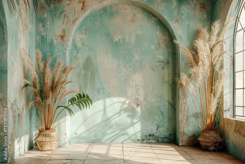 Boho Chic: High Resolution Sage Green Digital Backdrops with Modern Wall and Natural Arch Elements photo
