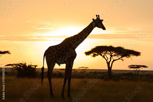 Majestic giraffe standing tall against a warm sunset in the savannah. African wildlife captured in natural habitat. Serene nature scene. Generative AI