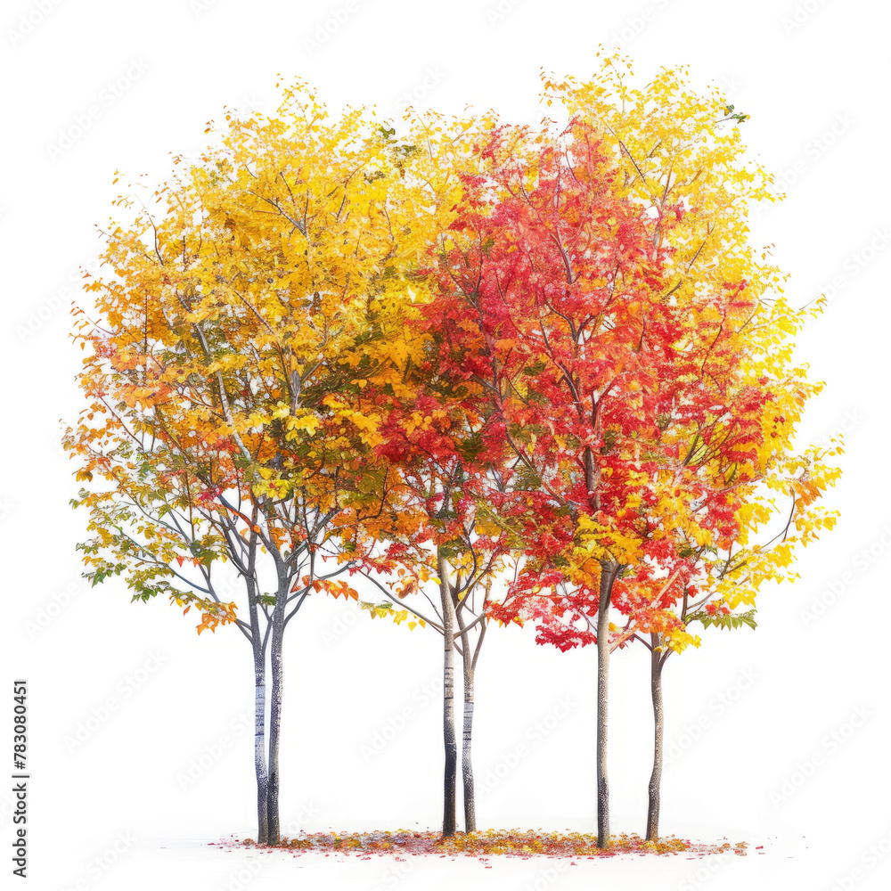 A group of trees with bright, vibrant leaves, creating a pop of color against the white background.