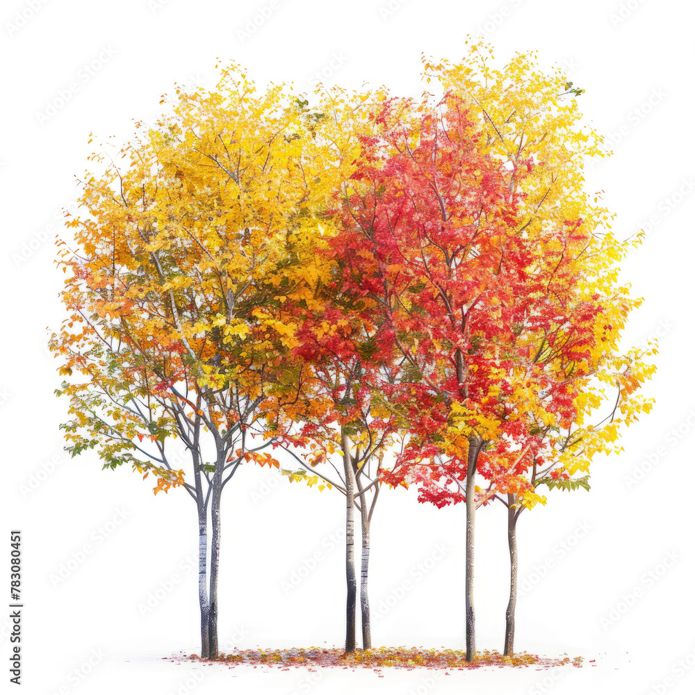 Naklejka premium A group of trees with bright, vibrant leaves, creating a pop of color against the white background.