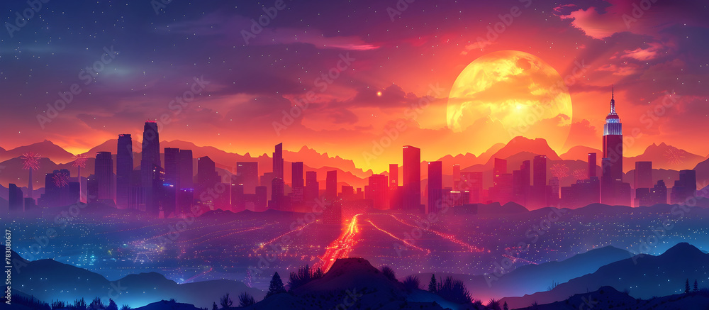 Futuristic Neon Lit City Skyline with Iconic Casino Buildings at Dramatic Sunset in Epic Landscape