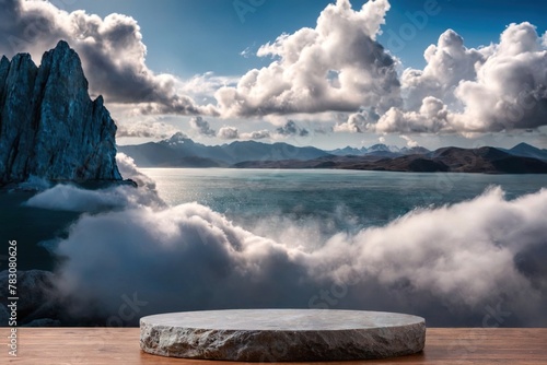 Product packaging mockup photo of Product presentation podium with a stone plinth in the middle cloud and views of the sea clouds., studio advertising photoshoot