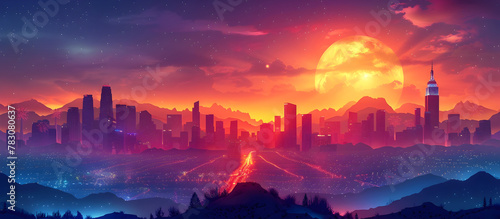 Futuristic Neon Lit City Skyline with Iconic Casino Buildings at Dramatic Sunset in Epic Landscape