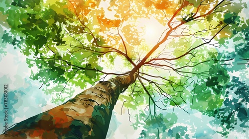 Watercolor colorful big tree bottom view illustration poster background