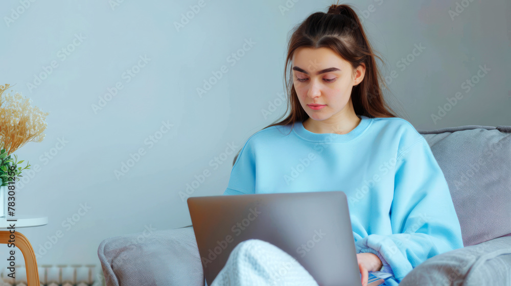 Portrait of a teenage girl in a pale blue hoodie typing on a laptop ...