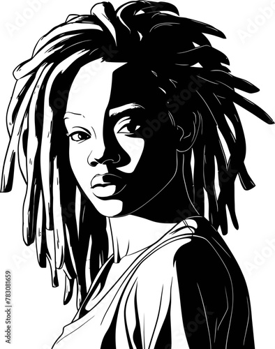 A monochromatic sketch portrait of a woman with dreadlocks flat vector black and white