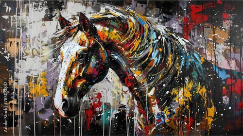 Abstract oil painting with gold accents  horse theme in knife style, large stroke mural art
