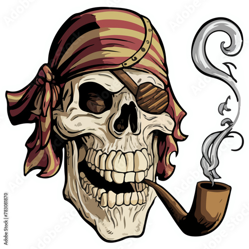 pirate skull wearing an eyepatch and puffing on a smoking pipe vector illustration in vintage style