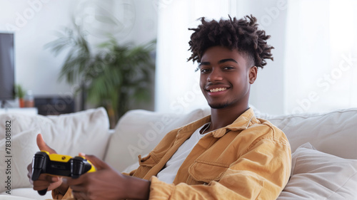 A young man in a yellow hoodie is smiling while holding a video game controller. 18 year old black boy, sitting couch in empty white room holding a gaming consol, awkward smile expression on his face photo