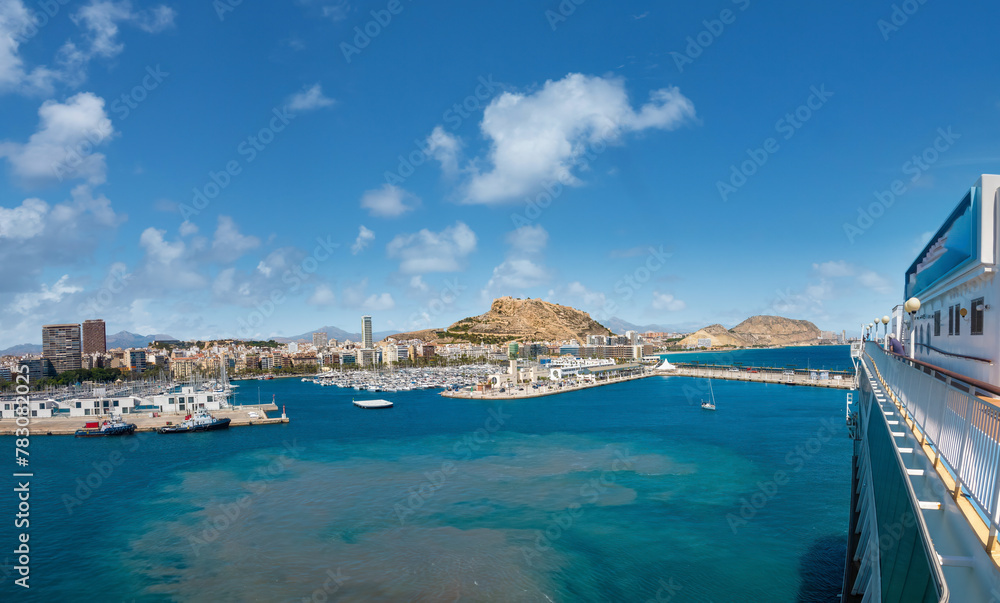 View of the harbor, marina and city center of Alicante, from a departing cruise liner, Valencia region, Spain