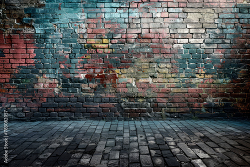 Gritty Urban Canvas: Vibrant Graffiti on Weathered Brick Wall photo