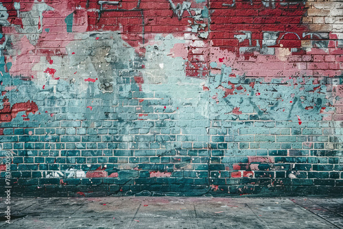 Gritty Urban Art: Vibrant Graffiti Adorning a Weathered Brick Wall photo