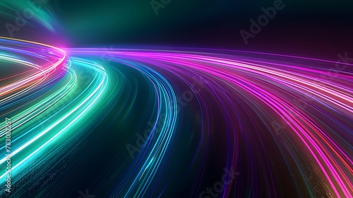 Neon purple and green future technology background with lines bending through dark space. High speed sync.