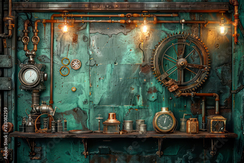 Vintage Steampunk Vibe: Green Textured Backdrop with Faded Accessories photo