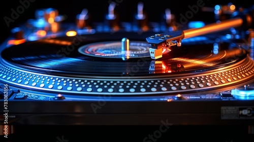 Close-up of turntable with vinyl record and stylus photo