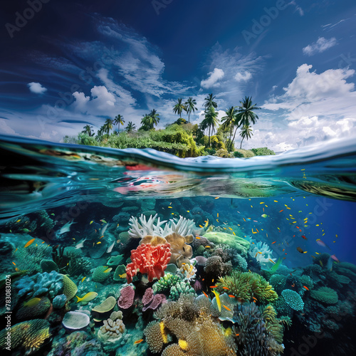 Split Underwater - Overwater Lagoon and Tropical Island with Coral Reef and Exotic Fish