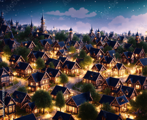 Fototapeta Naklejka Na Ścianę i Meble -  A small town with many houses and streets at night.