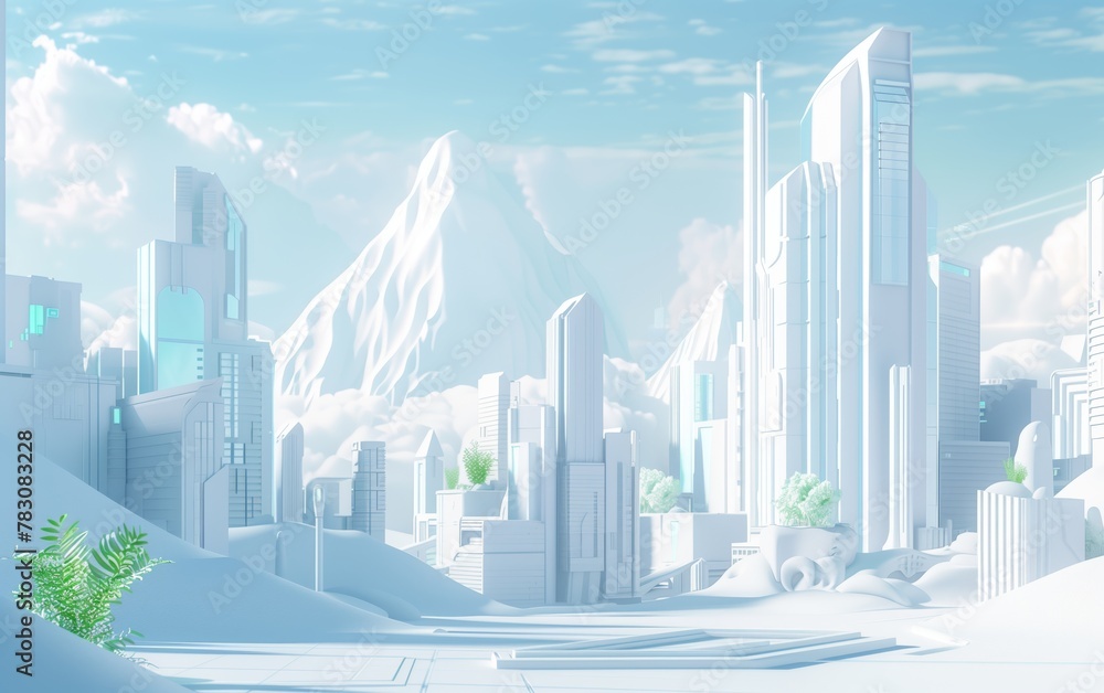 futuristic white city with simple buildings and plants, skyscrapers, clouds, mountains, space port, blue sky, minimalistic style, monochromatic palette