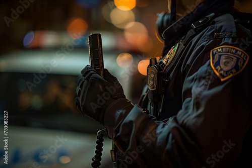 Police officer with holster and radio on night duty photo