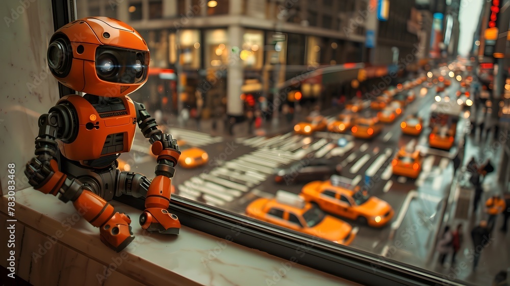 Fototapeta premium Robotic Observation of Bustling City Street from Window Vantage
