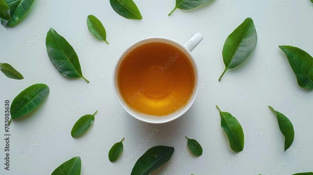 Top view shot of a hot cup of tea with green leaf decoration on white background - obrazy, fototapety, plakaty 