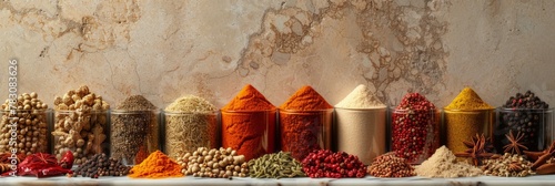 Assortment of Various Spices in Jars on Marble Countertop with Copy Space for Text