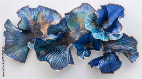 Bathed in ethereal light, a magnificent large blue and gold wall-mounted art sculpture captivates the senses.