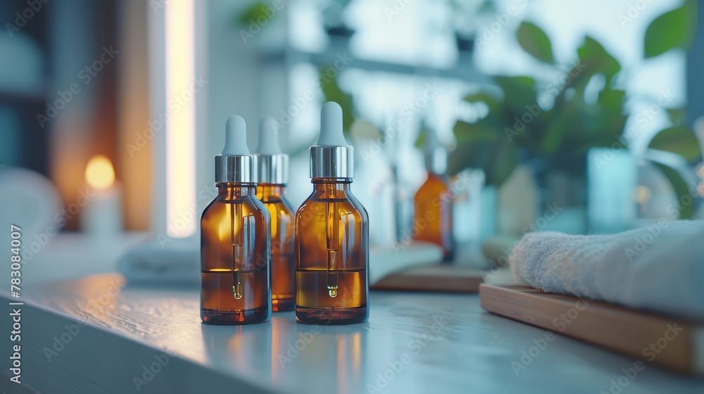 Spa room setting with bottles of natural cosmetics and essential oils for face and body beauty Spa room setting with bottles of natural cosmetics and essential oils for face and body beauty