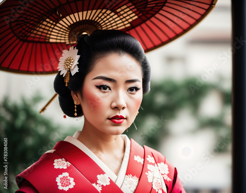 The woman in the image is wearing a traditional Japanese kimono and holding an umbrella.