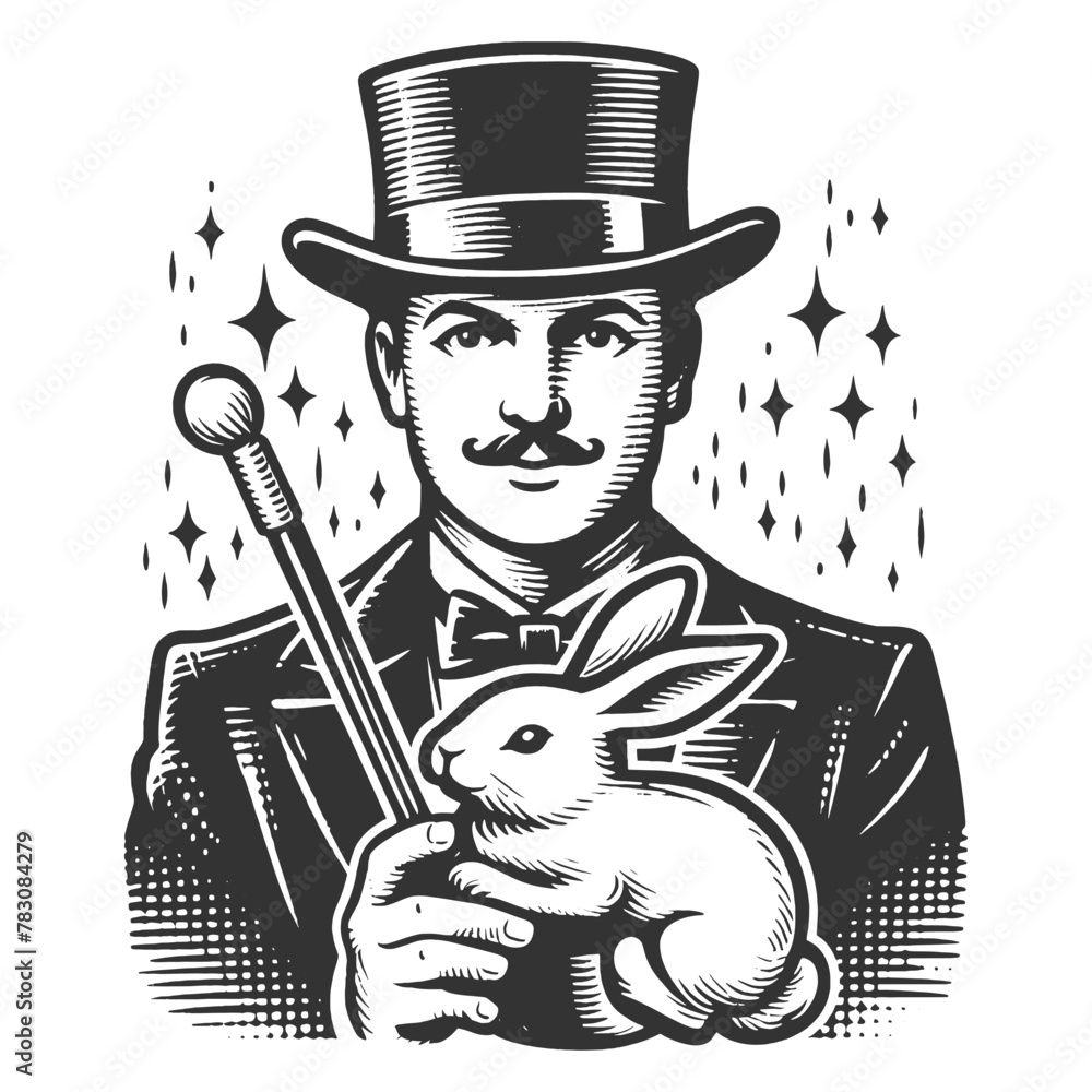 vintage magician holding a rabbit and a magic wand sketch engraving ...