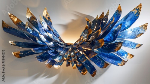 Bathed in ethereal light, a magnificent large blue and gold wall-mounted art sculpture captivates the senses.