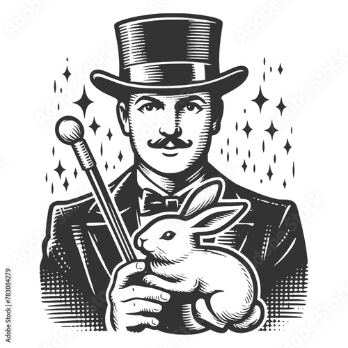 vintage magician holding a rabbit and a magic wand sketch engraving generative ai fictional character vector illustration. Scratch board imitation. Black and white image.