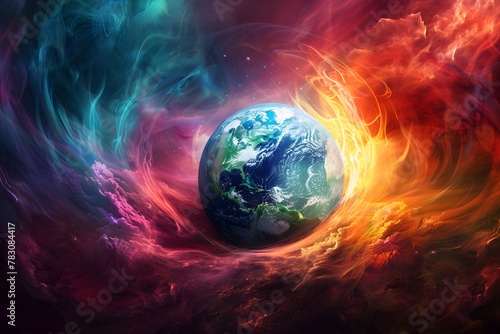 Planet Earth Hatching from Vibrant Cosmic Vortex,Representing the Birth and Evolution of Life